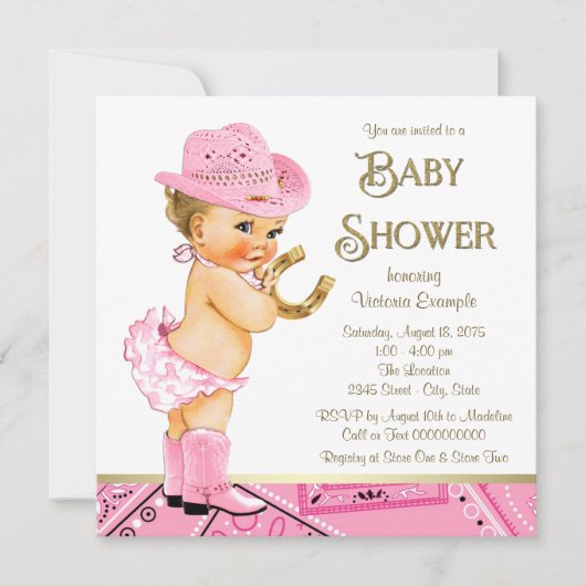 Cowgirl Roze Goud Hoefijzer Cowgirl Baby shower Kaart (Voorkant)