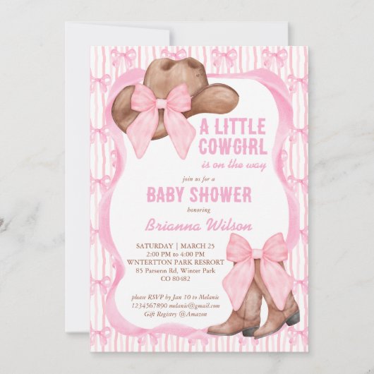 Cowgirl roze strikje lint meisjes baby shower kaart (Voorkant)