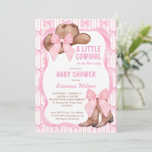 Cowgirl roze strikje lint meisjes baby shower kaart (Staand voorkant)