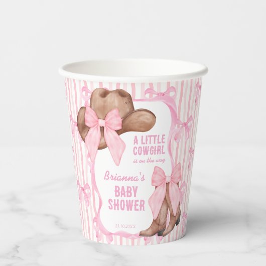 Cowgirl roze strikje lint meisjes baby shower papieren bekers (Achterkant)