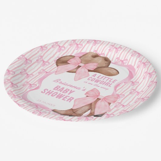Cowgirl roze strikje lint meisjes baby shower papieren bordje (Gekanteld)