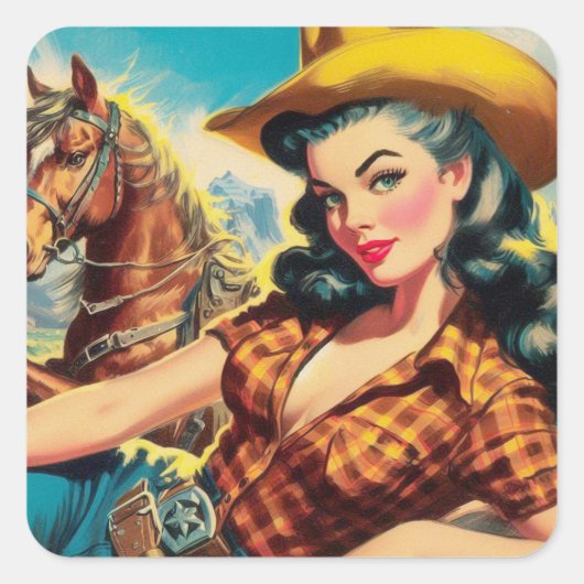Cowgirl schilderij Vierkante Sticker (Voorkant)