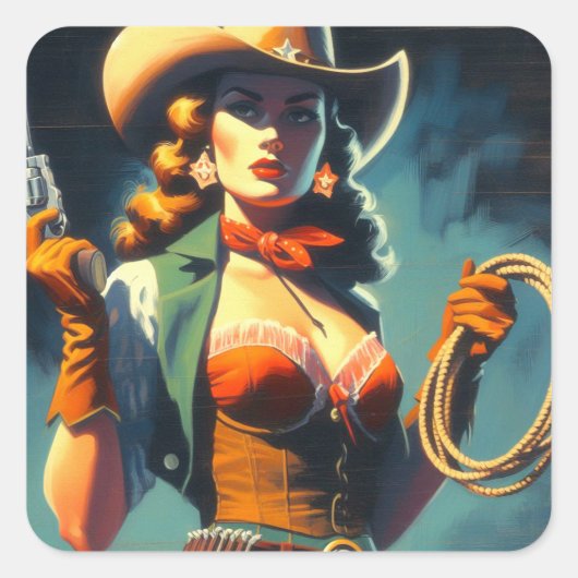  Cowgirl schilderij Vierkante Sticker (Voorkant)