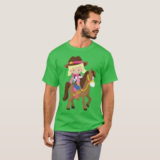 Cowgirl Sheriff Horse Western Blond Haar retro T-shirt (Voorkant volledig)