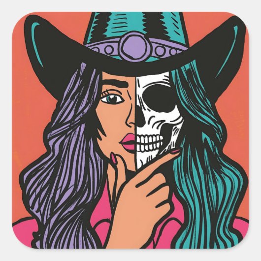 Cowgirl Skeleton Spooky Seizoen Hand getrokken Sti Vierkante Sticker (Voorkant)