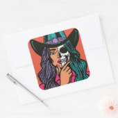 Cowgirl Skeleton Spooky Seizoen Hand getrokken Sti Vierkante Sticker (Envelop)