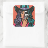 Cowgirl Skeleton Spooky Seizoen Hand getrokken Sti Vierkante Sticker (Tas)