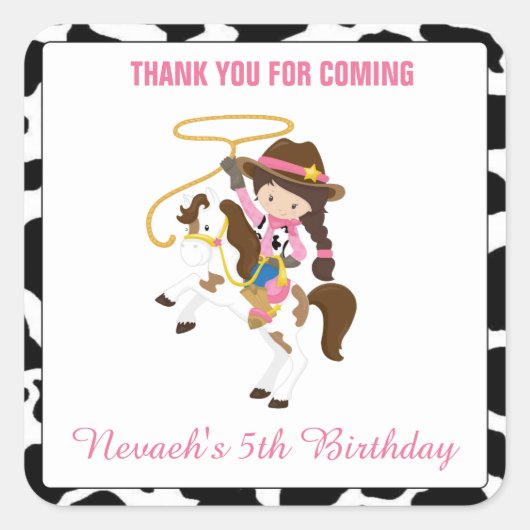 Cowgirl Square Stickers Labels Verjaardagsgunst (Voorkant)