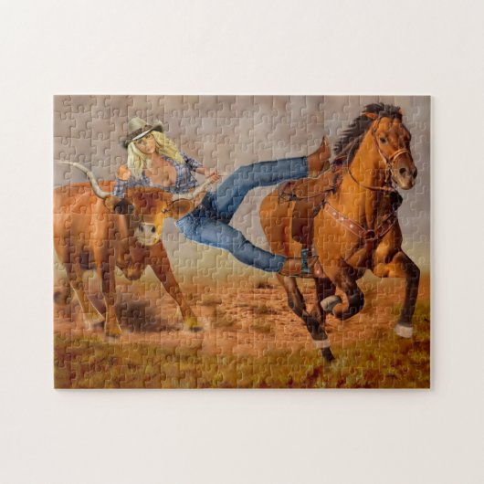 Cowgirl Stierworstelen Legpuzzel (Horizontaal)
