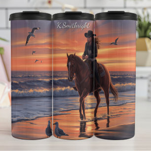 Cowgirl strandrit zonsondergang meeuwen thermosbeker