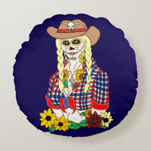 Cowgirl Suiker Schedel Rond Kussen