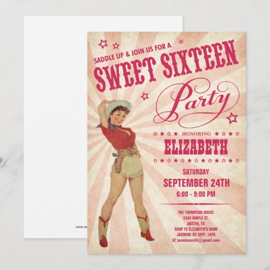 Cowgirl Sweet 16 party-uitnodigingen Kaart (Voorkant / Achterkant)