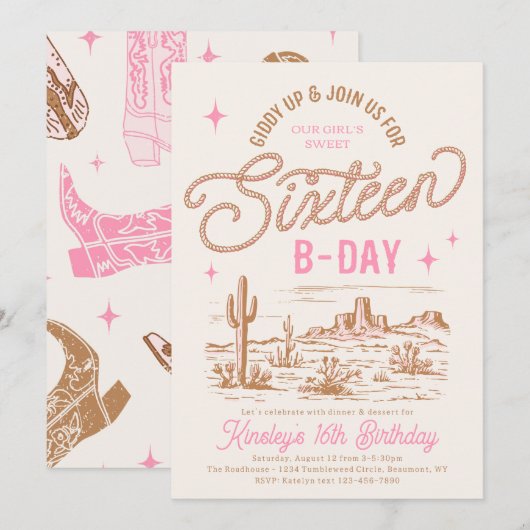 Cowgirl Sweet 16 Verjaardag Uitnodiging (Voorkant / Achterkant)