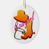 Cowgirl tekst met laars, pet en kabelontwerp keramisch ornament (Rechts)