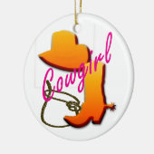 Cowgirl tekst met laars, pet en kabelontwerp keramisch ornament (Links)