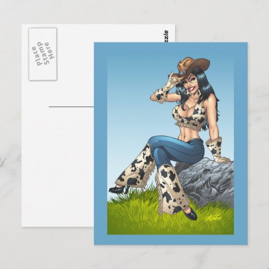 Cowgirl Tipping her Cowboy Pet Illustratie Briefkaart (Voorkant / Achterkant)