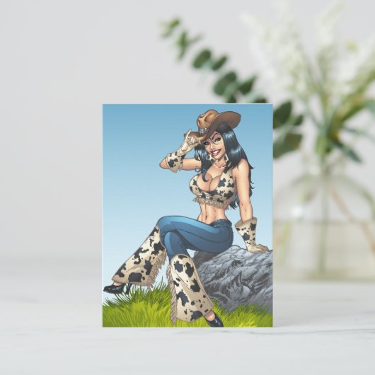 Cowgirl Tipping her Cowboy Pet Illustratie Briefkaart (Staand voorkant)