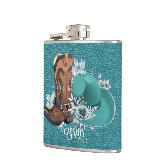 Cowgirl turquoise lederen cowboylaarzen pet heupfles (Links)