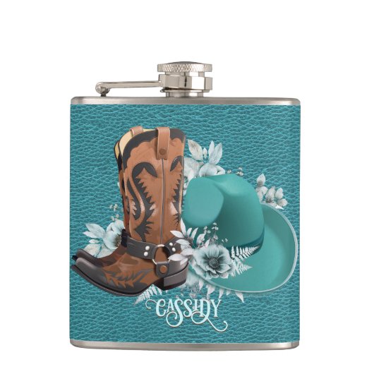 Cowgirl turquoise lederen cowboylaarzen pet heupfles (Voorkant)