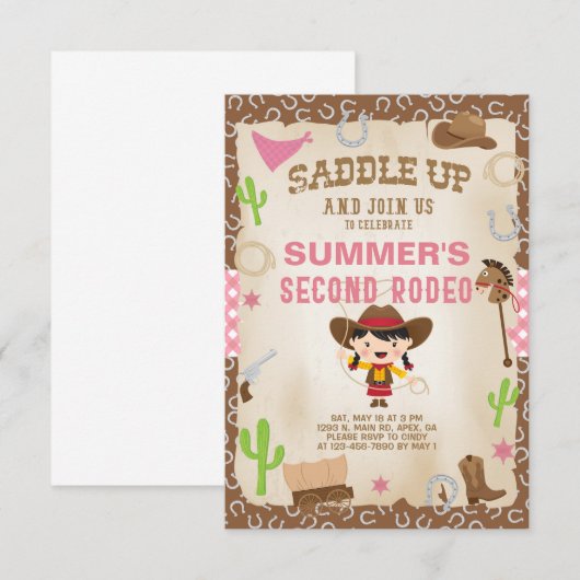 Cowgirl tweede rodeo meisje verjaardag uitnodiging (Voorkant / Achterkant)