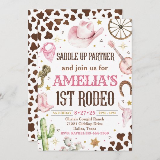 Cowgirl Verjaardag Uitnodiging, 1e Rodeo Uitnodigi Kaart (Voorkant / Achterkant)