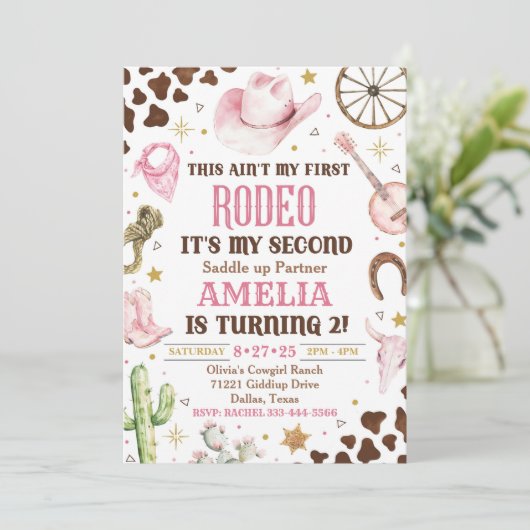 Cowgirl verjaardagsuitnodiging, 2e rodeo uitnodigi kaart (Staand voorkant)
