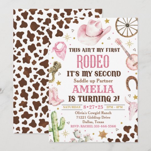 Cowgirl verjaardagsuitnodiging, 2e rodeo uitnodigi kaart (Voorkant / Achterkant)