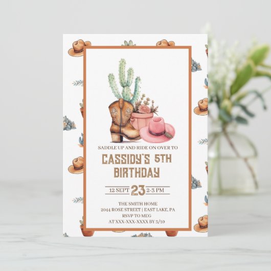 Cowgirl Verjaardagsuitnodiging Wildwest Western Kaart (Staand voorkant)