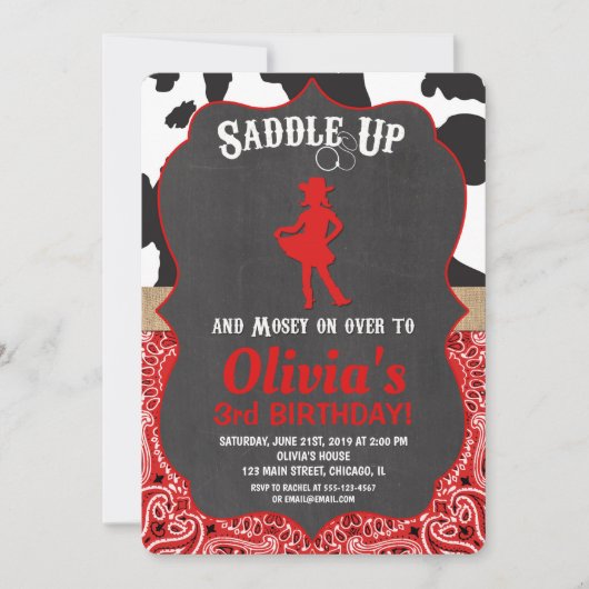Cowgirl verjaardagsuitnodiging zwart rood koeienpr kaart (Voorkant)