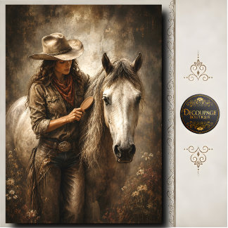 Cowgirl verzorgt witte paard westers portret kunst tissuepapier