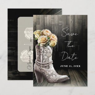 Cowgirl Veterlaarzen & Witte Bloemen Bewaar de Dat Aankondigingskaart