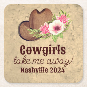 Cowgirl vrijgezellenfeest Favor Ruige Roze Bloemen Kartonnen Onderzetters