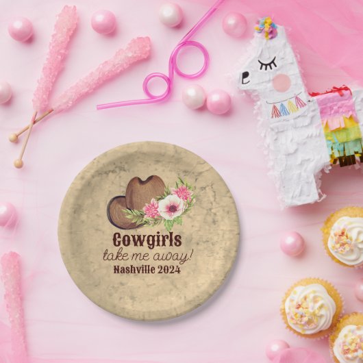 Cowgirl vrijgezellenfeest robuuste roze bloem papieren bordje (Feest)