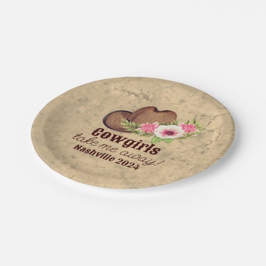Cowgirl vrijgezellenfeest robuuste roze bloem papieren bordje (Gekanteld)