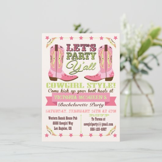 Cowgirl Western Bachelorette Party Invitations Kaart (Staand voorkant)