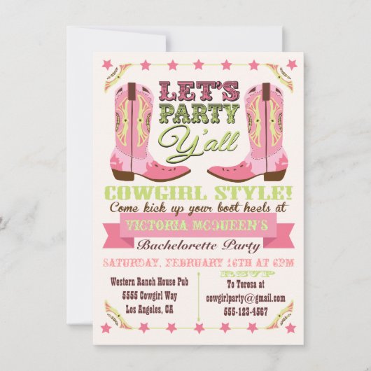Cowgirl Western Bachelorette Party Invitations Kaart (Voorkant)