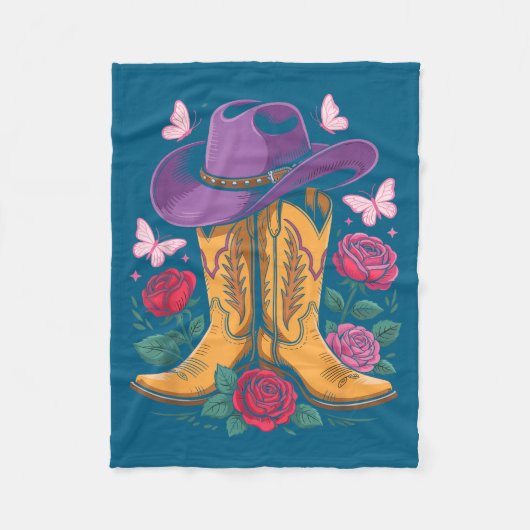 Cowgirl Western Cowboy Hat Boots With Roses Countr Fleece Deken (Voorkant)