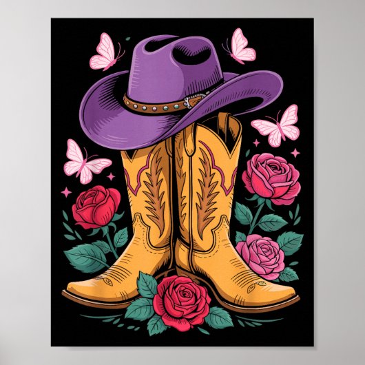 Cowgirl Western Cowboy Hat Boots With Roses Countr Poster (Voorkant)