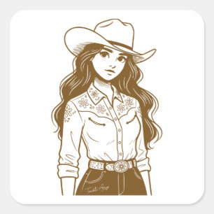Cowgirl Western Esthetische Lijnkunst Vierkante Sticker