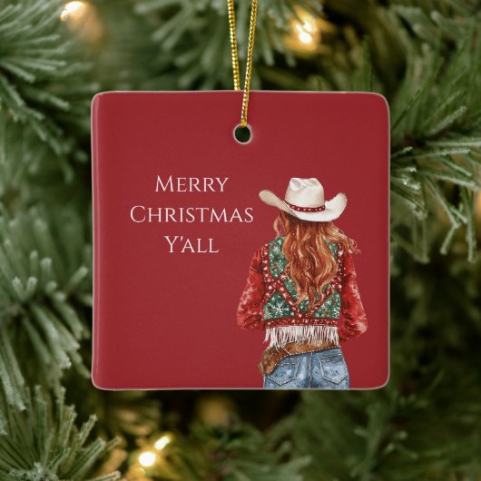 Cowgirl Western Rode Rode Kerstmis Keramisch Ornament (Boom)