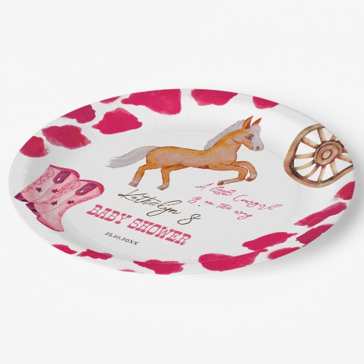 Cowgirl westerne rodeo schattig baby shower roze papieren bordje (Gekanteld)