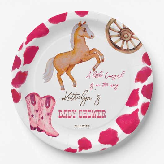 Cowgirl westerne rodeo schattig baby shower roze papieren bordje (Voorkant)