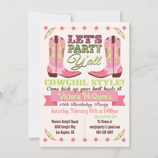 Cowgirl Westerne uitnodiging van de Birthday Party (Voorkant)