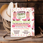 Cowgirl Westerne uitnodiging van de Birthday Party<br><div class="desc">Laten we feesten westerne cowgirl stijl met deze super schattige cowboy boot Verjaardagsfeestuitnodigingen met roze en groene laarzen en graphics gedaan in een poster stijl. Zo'n leuk thema voor het meisje om samen te komen! Geweldig voor de verjaardag van een kind of een lieve 16 bash. Handgetekende illustratie van McBoobo....</div>