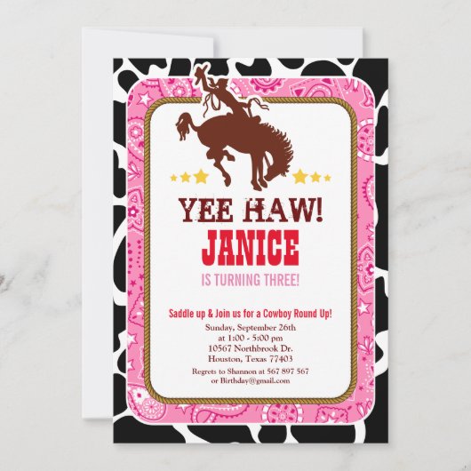 Cowgirl Westerne Uitnodiging van de partij van Wes (Voorkant)