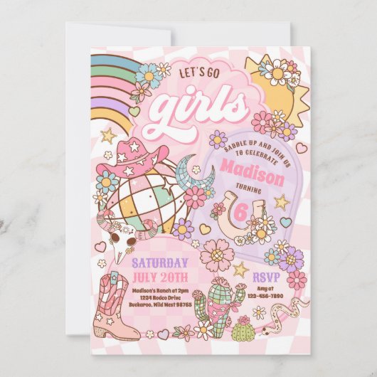 Cowgirl Wild West Rodeo Disco Verjaardagsfeestje Kaart (Voorkant)