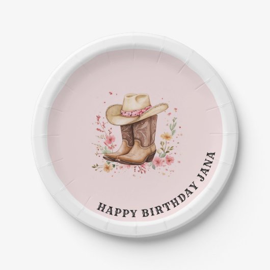 Cowgirl Wildflowers Bash Verjaardag | Roze Western Papieren Bordje (Voorkant)
