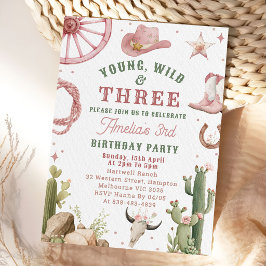 Cowgirl Young Wild & Three Birthday Invitation Kaart
