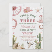 Cowgirl Young Wild & Three Birthday Invitation  Kaart (Voorkant)