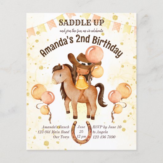 Cowgirl zadel omhoog verjaardag budget uitnodiging (Voorkant)